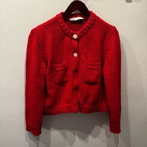 ZARA Red Knit Cardigan with Front Pockets